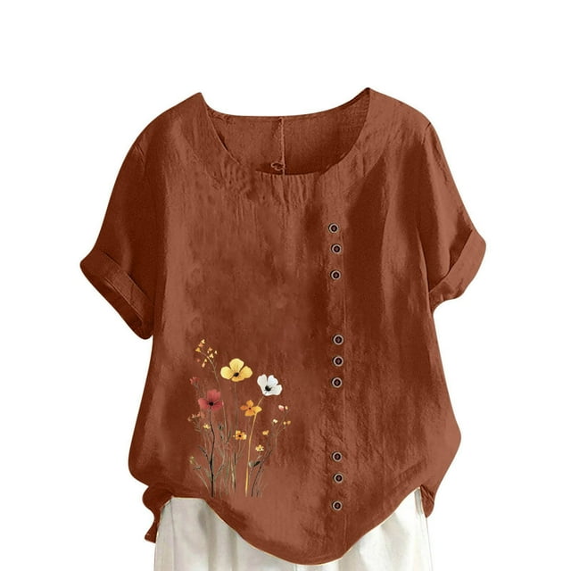 Économies en Liquidation! BEFOKA Hauts Grande Taille pour Femmes en Liquidation, Blouse Décontractée d'Été T-shirt pour Femmes, Blouse Décontractée en Lin Col Rond Imprimée Manches Courtes Boutonnée