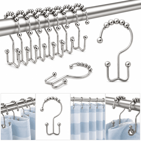 Shower Curtain Hooks,Shower Curtain Rings Rust Proof Metal Double Glide Shower Hooks Rings for Bathroom Shower Rods Curtains,Set of 12 Hooks - Nickel