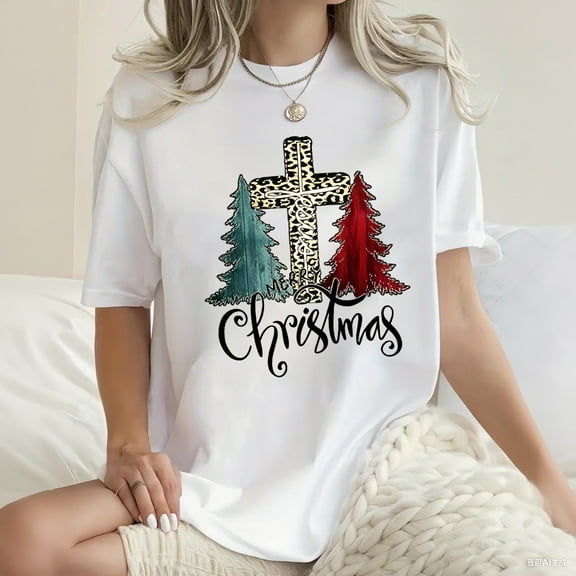 Christmas Christian T-Shirt Christmas Tree Crucifix Graphic Short Sleeve Shirt for Women