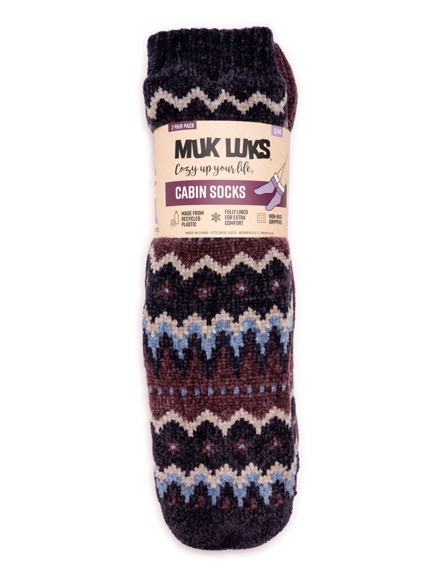 MUK LUKS Women's Tall Rib Cuff Cabin Socks, 2-Pack, S-XL