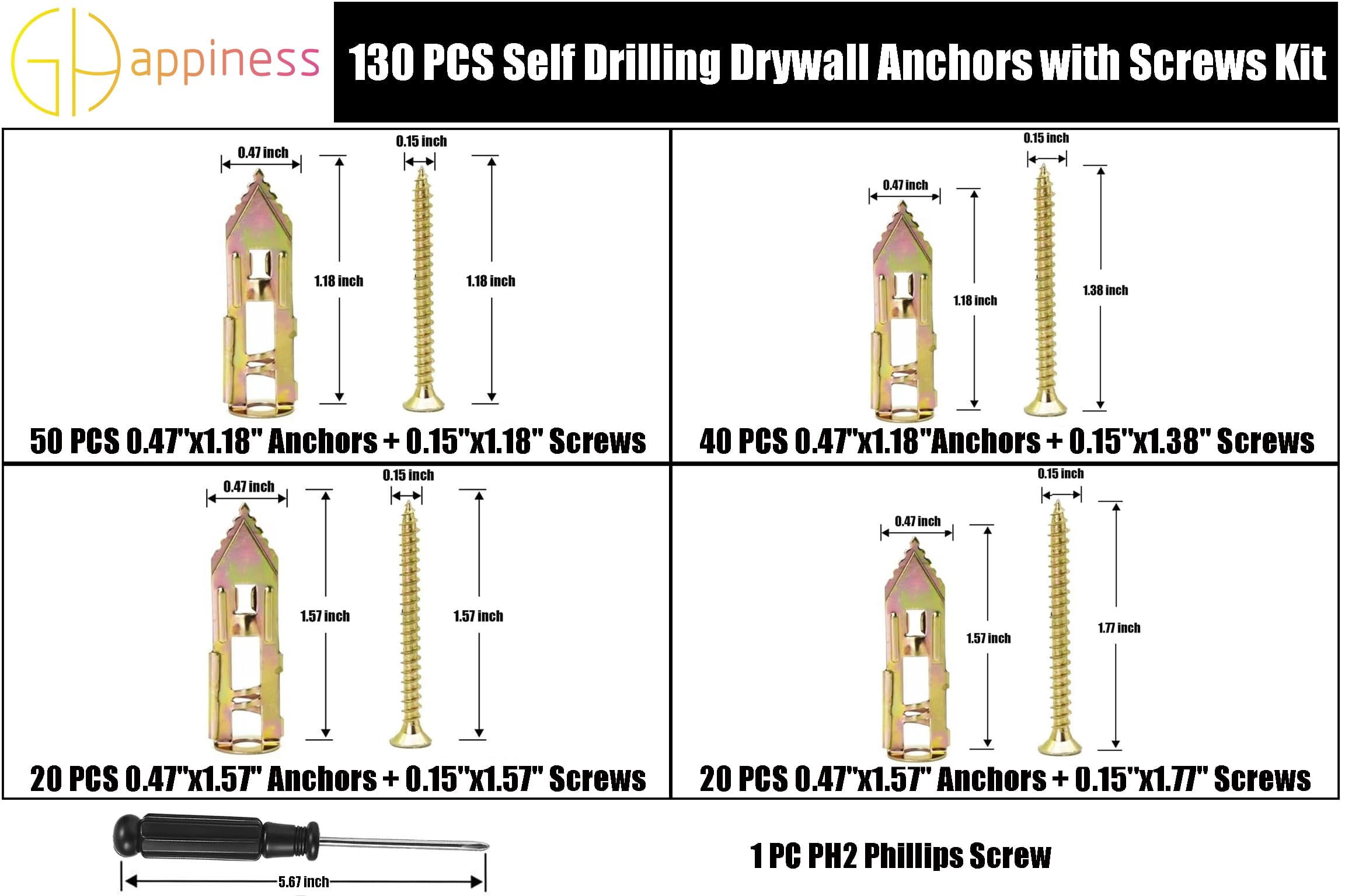 50 PCS Self Drilling Drywall Anchors with Screws Kit, Anchors and Screws Kit, No Drill Or Holes in Wall Drywall Anchors(0.47x1.18'' Self Drilling Anchors and 0.15 x1.18'' Screws)