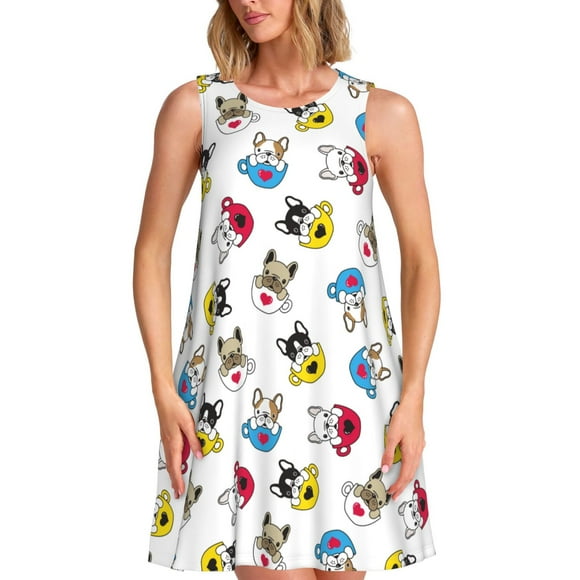 Fotbe French Bulldog With Coffee Cup Vestido de Verano sin Mangas para Mujer – Vestido Midi Línea A, Estilo Camiseta Floral, Vestido Playero Casual y Fluido