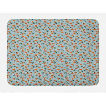 Floral Bath Mat, Repeating Vintage-Themed Flowers on Branches, Plush Bathroom Decor Mat with Non Slip Backing, 29.5" X 17.5", Pale Blue Burnt Orange, by Ambesonne
