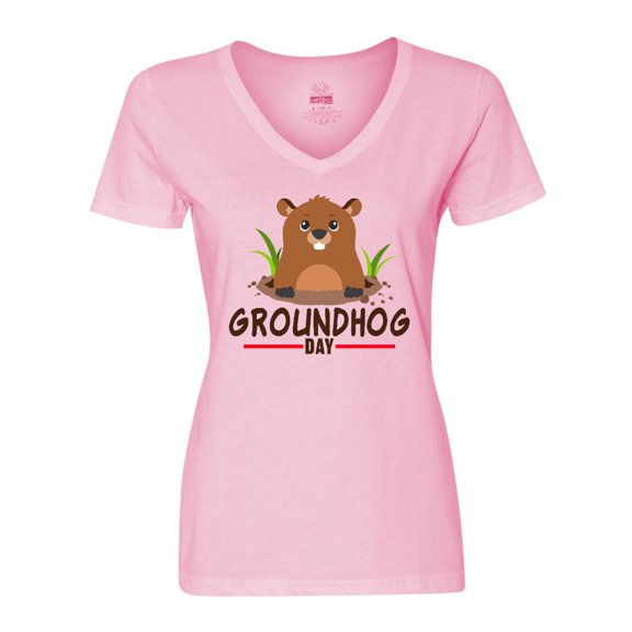 Inktastic Groundhog Day with Cute Groundhog Illustration Women's V-Neck T-Shirt