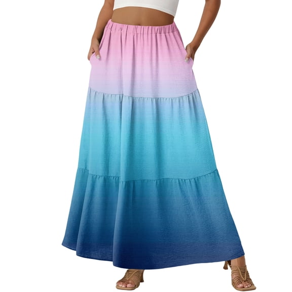Women Skirt Boho Gradient High Waisted Flowy Maxi Skirts Tiered Long Skirts with Pockets for Summer Beach Vacation