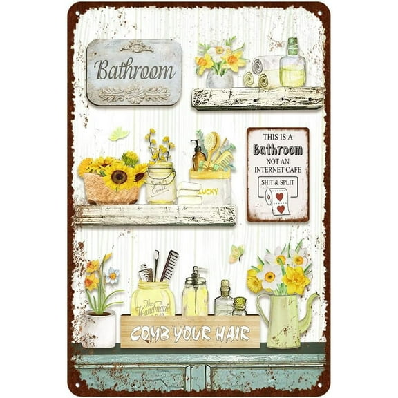 NICKSUN Vintage Farmhouse Bathroom Metal Tin Signs Rustic Flower Bathroom Decor Wall Art Country Bathroom Wall Decor 8X12 Inches