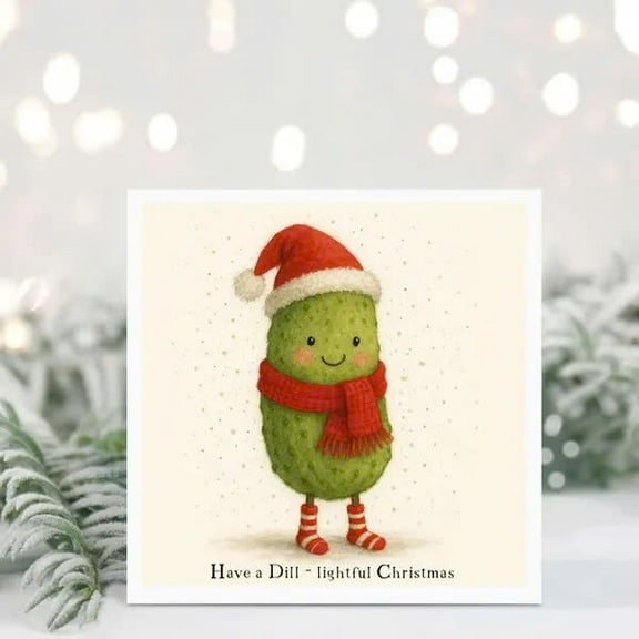 Have a Dill-ightful Christmas Greeting Card – Cute Pickle Character in Santa Hat – Blank Inside, Envelope Included – Perfect Holiday Card for Friends and Family