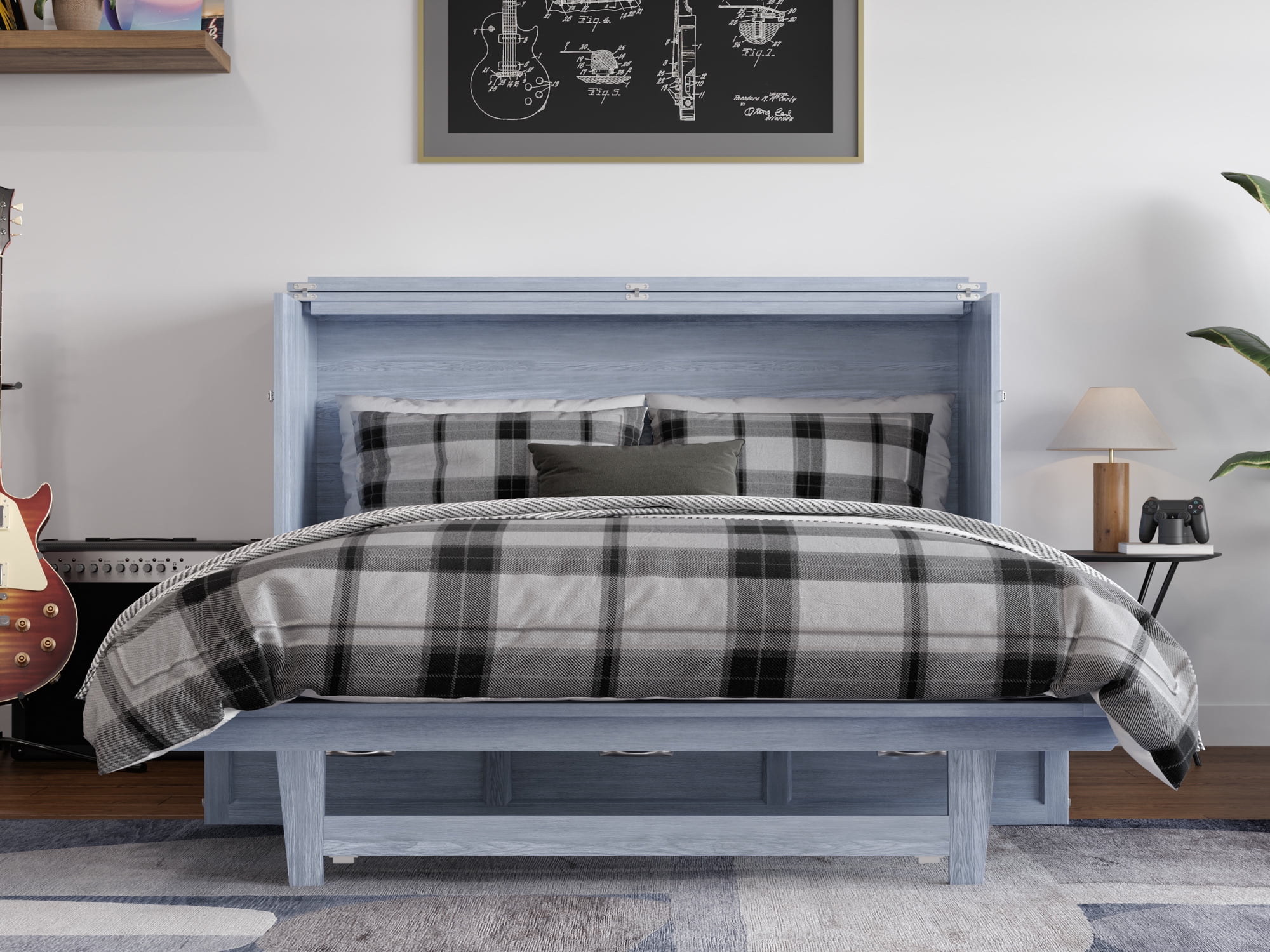 AFI Northfield Queen Wood Murphy Bed Chest with Mattress, Drawer & Charger, Driftwood