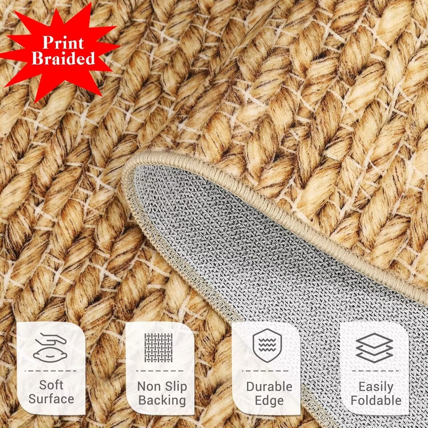 Hasoo Area Rug 10' x 13' Rugs for Living Room Chic Imitation Braided Print Soft Velvet Rug Non Slip Carpet for Bedroom, Brown