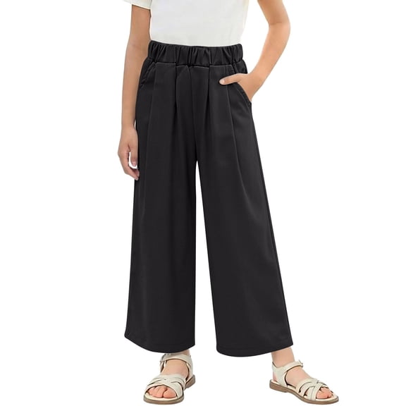 Maqroz Girls Wide Leg Pants Elastic High Waist Flowy Summer Trousers Lightweight Casual Boho Cropped Bottoms