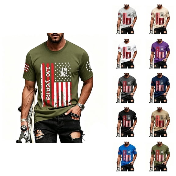 4th of July Shirts for Men 2026 Short Sleeve Crewneck Patriotic Shirt America Flag Graphic Tee Shirts