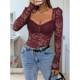 thumbnail image 6 of Women'S Sheer Floral Lace Long Sleeve Bodysuit Top Sweetheart Neck Bodysuit Wine Red L, 6 of 8