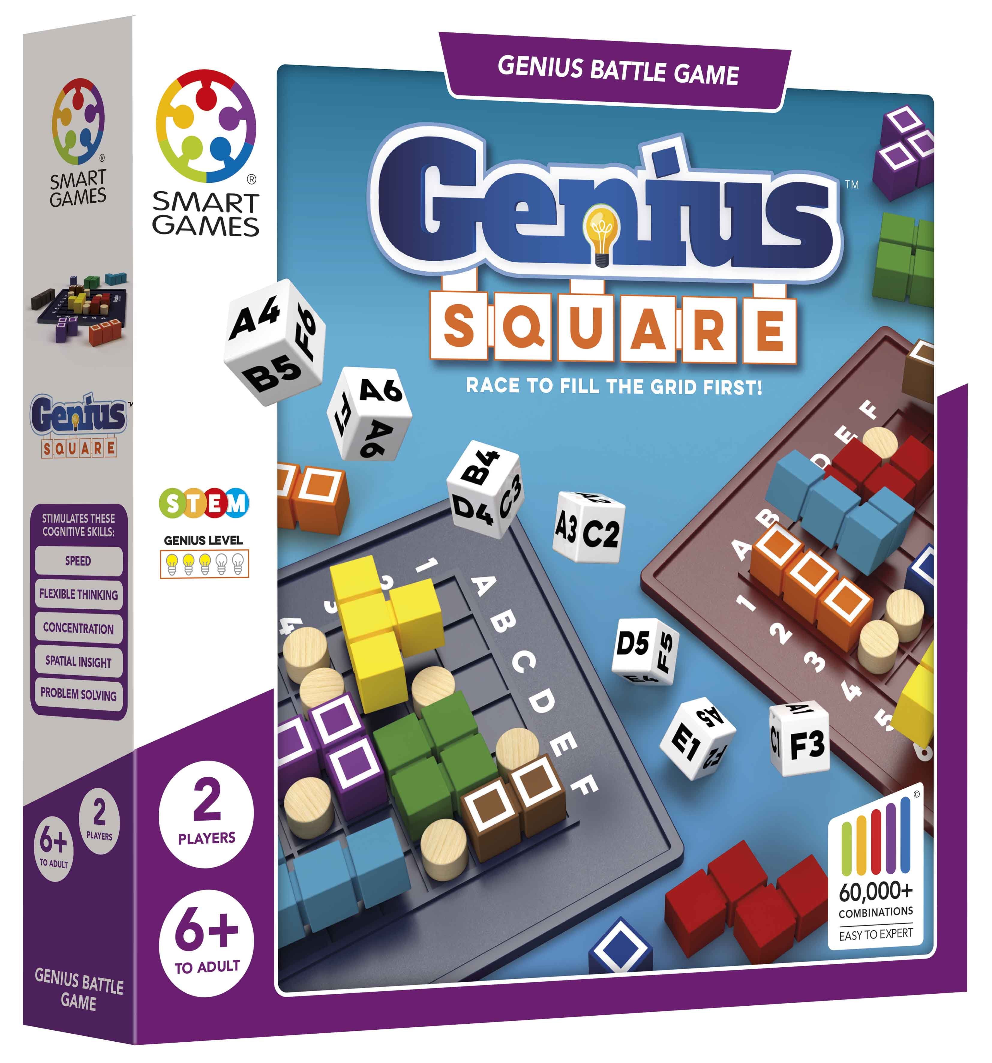 The Genius Square – Game of the Year Award Winner! 60000+ Solutions In a Fast and Fun, 2-Player, Roll the Dice and Race to Solve the Puzzle Game.