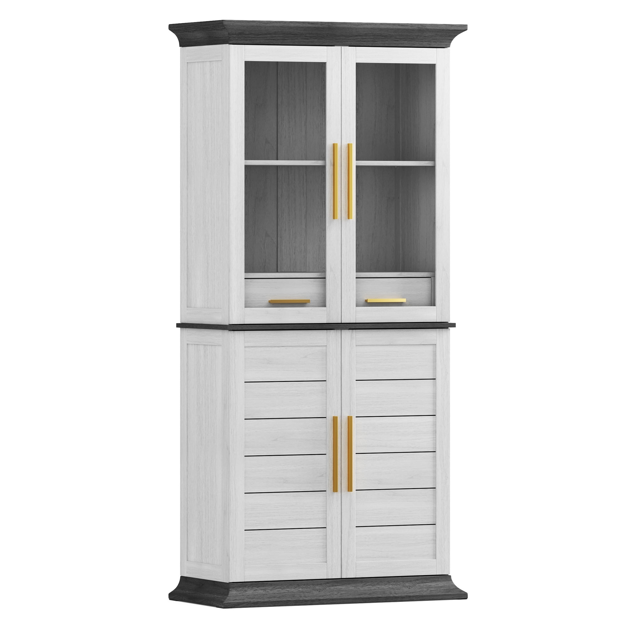 BELLEZE 72" Tall Kitchen Pantry, Large Storage Cabinet With Doors and Shelves, 2 Built-in Drawers, Freestanding Corner Hutch Cabinet With Storage For Kitchen,Dining Room and Living Room (White)