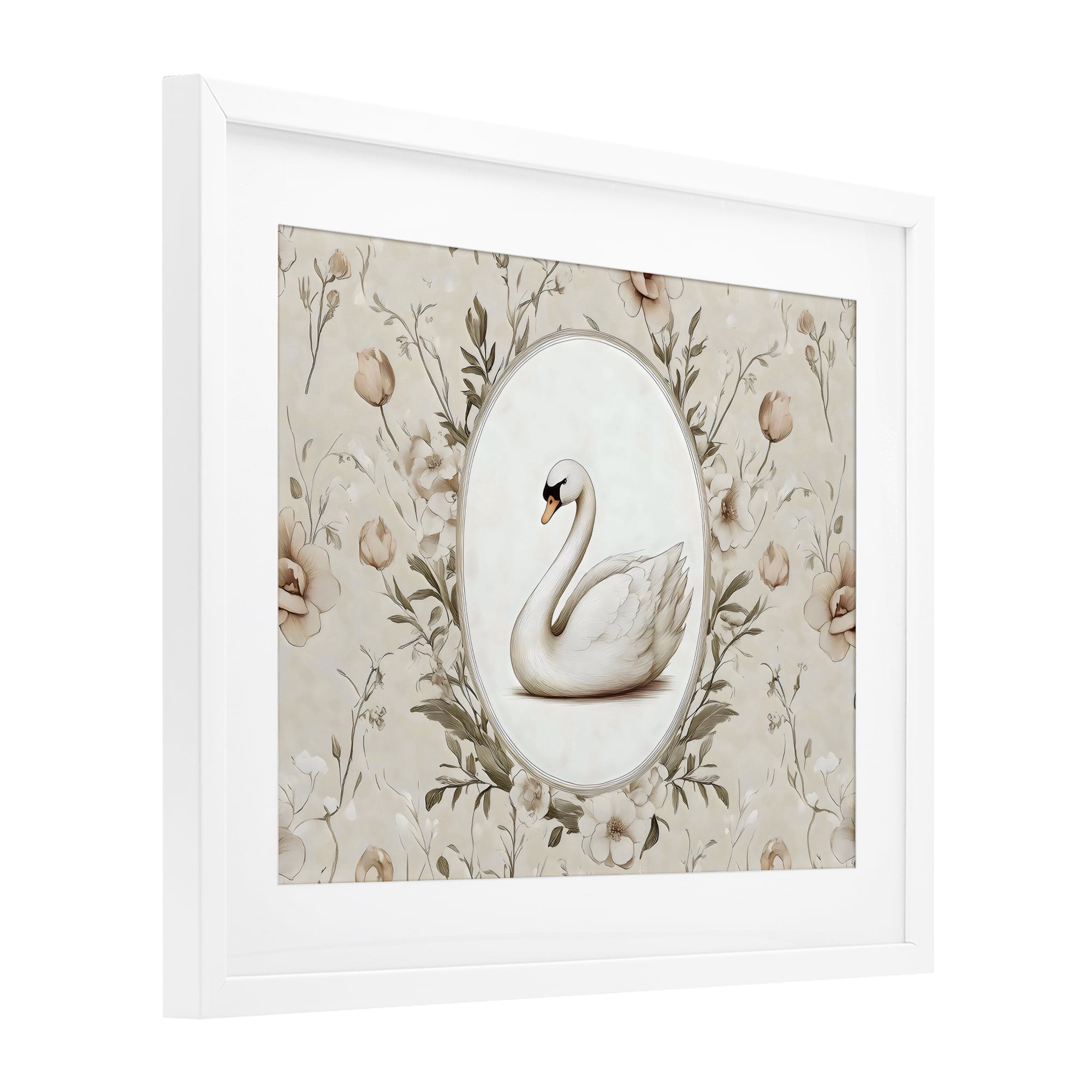 Stupell Industries Swan Vignette in Floral Border White Framed Print Under Glass, design by Arlington Prints