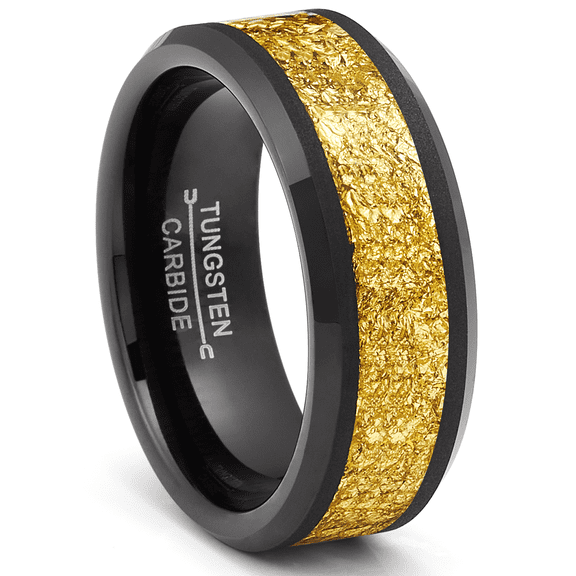 Metal Masters Black Tungsten Carbide Ring Mens Wedding Band Ring Gold Nugget Flakes Inlay 8MM Comfort-Fit