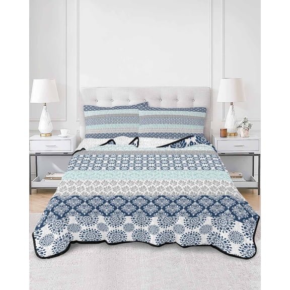 Quilts King Size, Boho Blue Aqua Soft Comforter Bedding Set for Bed, Geometric Stripes Tribal Bohemia Retro Lightweight Quilted Bedspread with Pillow Cover(2 Pieces) for All Season, 96x106 Inch