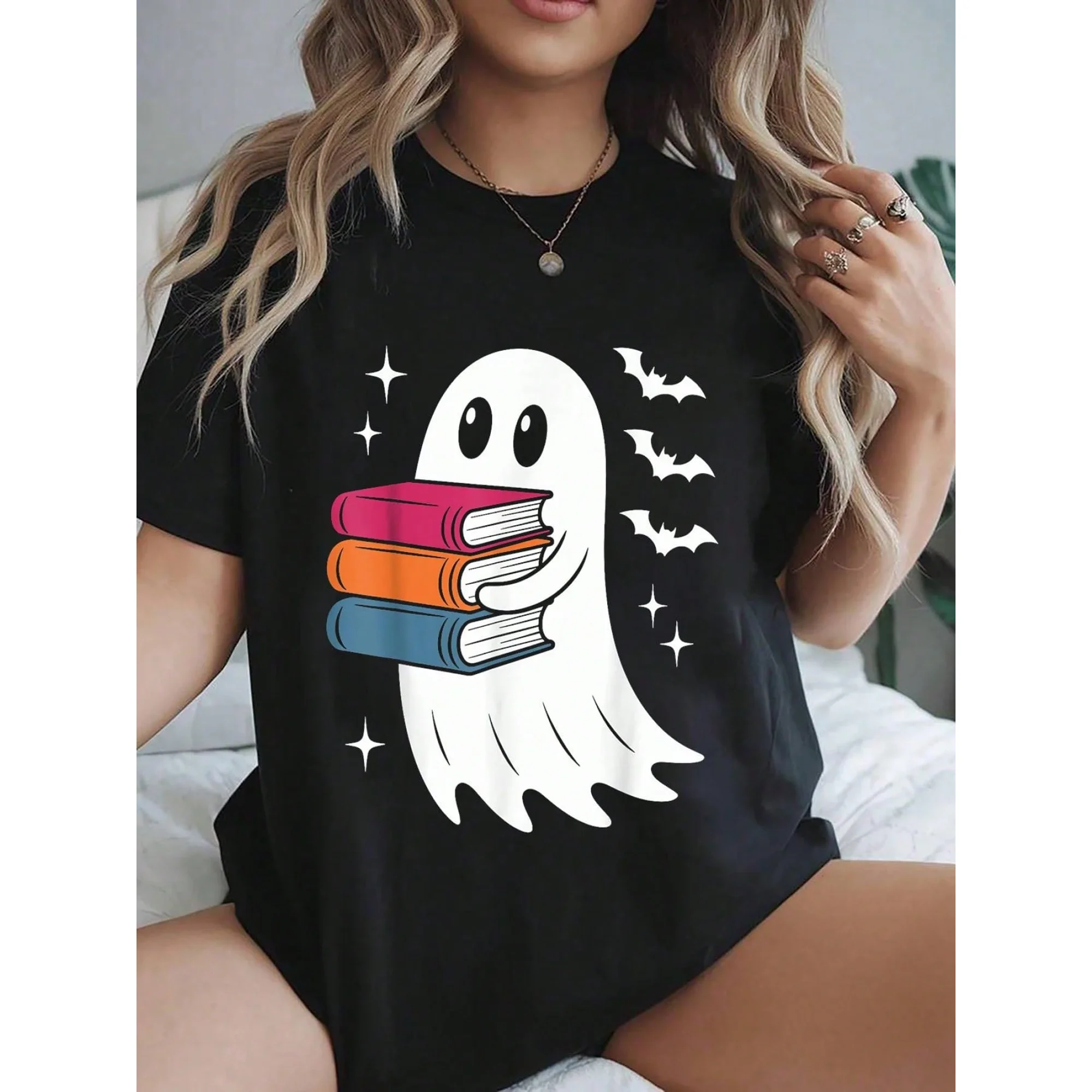 Cute Ghost Holding Books Halloween Graphic Tee Casual Funny Horror Theme Unisex Adult Holiday Party Gift Cotton Men s Women s Tee Shirt