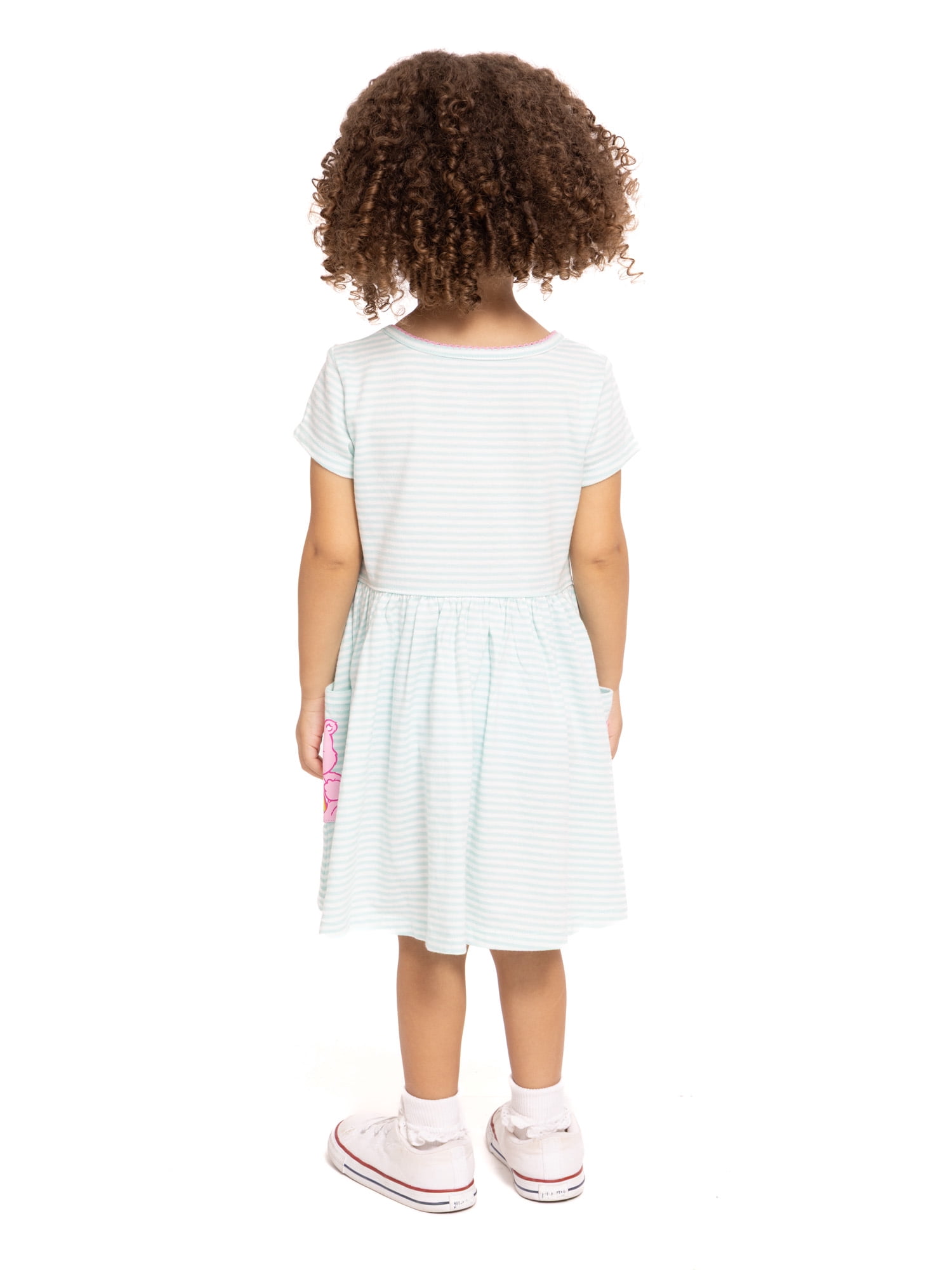 Care Bears Toddler Girl Short Sleeve Striped Dress with Graphic Pockets, Sizes 12M-5T