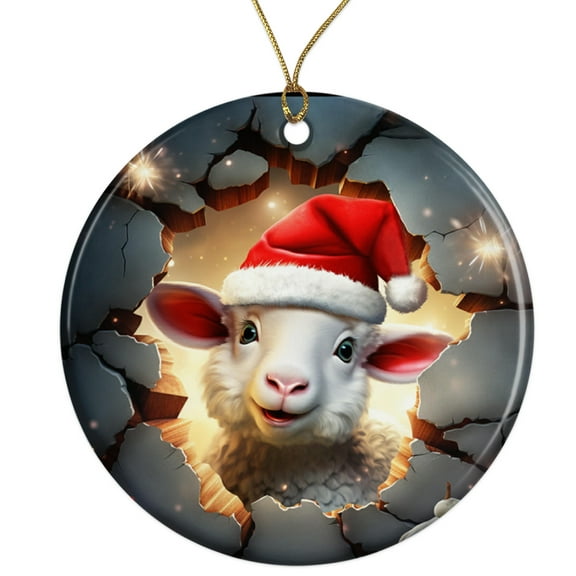 Lamb Sheep Santa Hat Ceramic Ornament - Breakthrough 3D Effect Burst Illusion Kids Ornament - 3 Inch Christmas Tree Round Ornament - Xmas Holiday Decor - String Included - ORNW0086