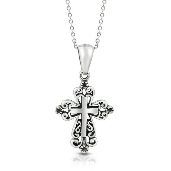 Vintage Style Victorian Art Cross Sterling Silver Pendant Necklace