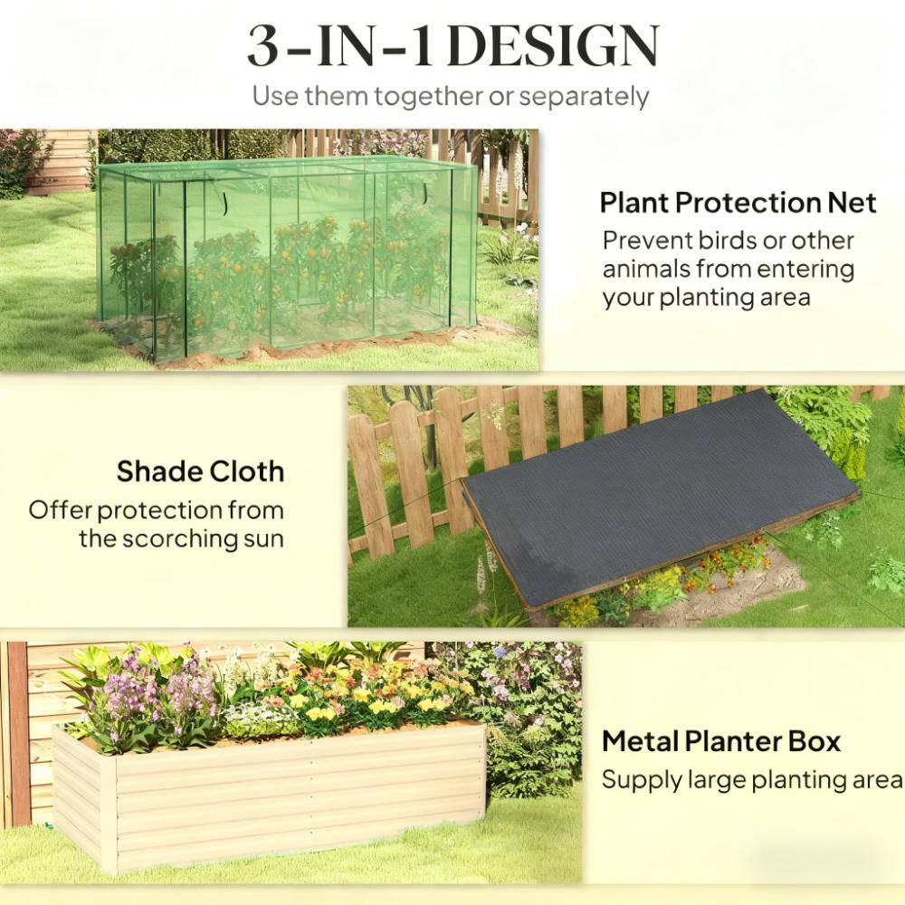 Raised Garden Bed for Flowers, Veggies and Herbs, Galvanized Steel Planter Box with Crop Cage and Shade Cloth
