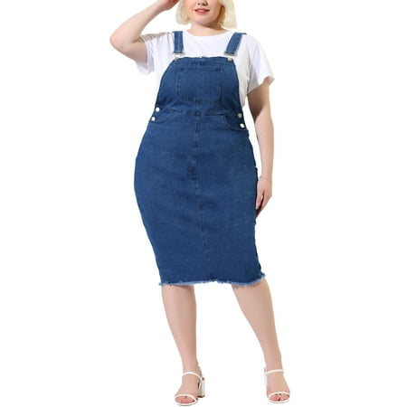 MODA NOVA Juniors Plus Size Adjustable Strap Back Slit Denim Overalls Dress