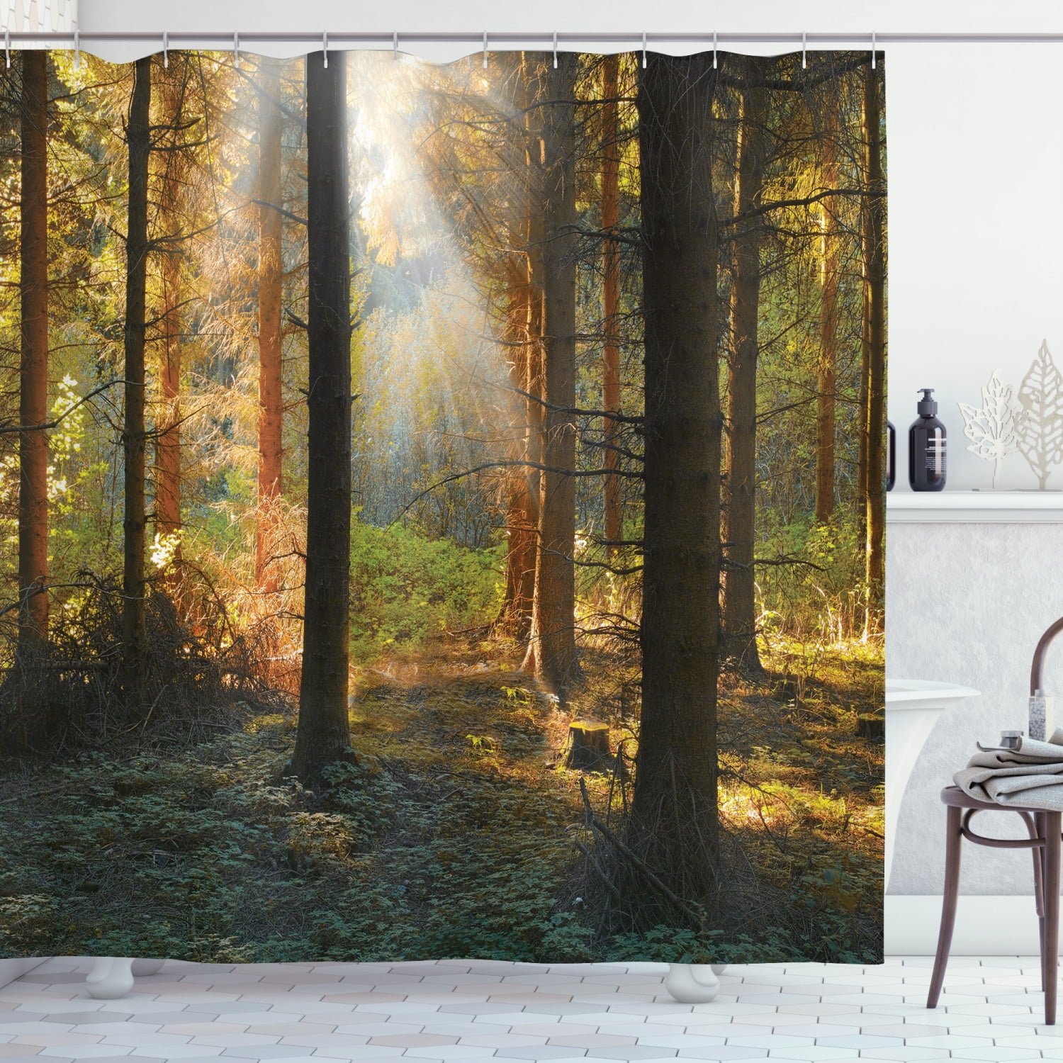 Sunrise in Forest Leaves Green Seasonal Scenery print Shower Curtain & 12Hooks 
