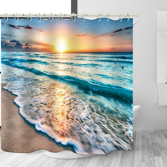 Bathroom Uses Beach Sunset 3D Shower Curtains, Luxurious Bathtub Standard Shower Curtains, Waterproof and Bright Fabric Shower Curtains, with 12 White Hooks, Size 72x84