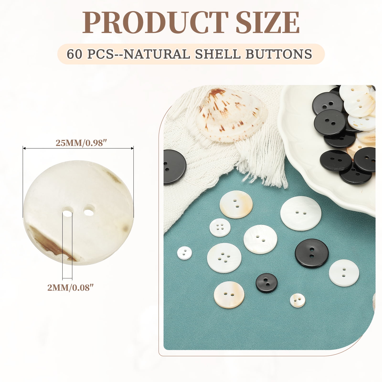 60Pack Natural Shell Button, 2 Hole 25mm Mother of Pearl Buttons, White