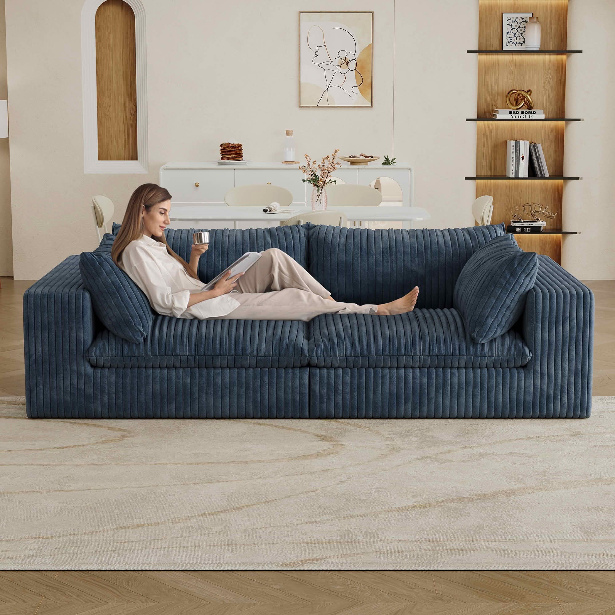 MAYEERTY 78.8" 2-Seat Corduroy Sofa, Feather-Filled Cushion Modular Design, Full Sponge Support No Wooden Frame, No Assembly, Blue