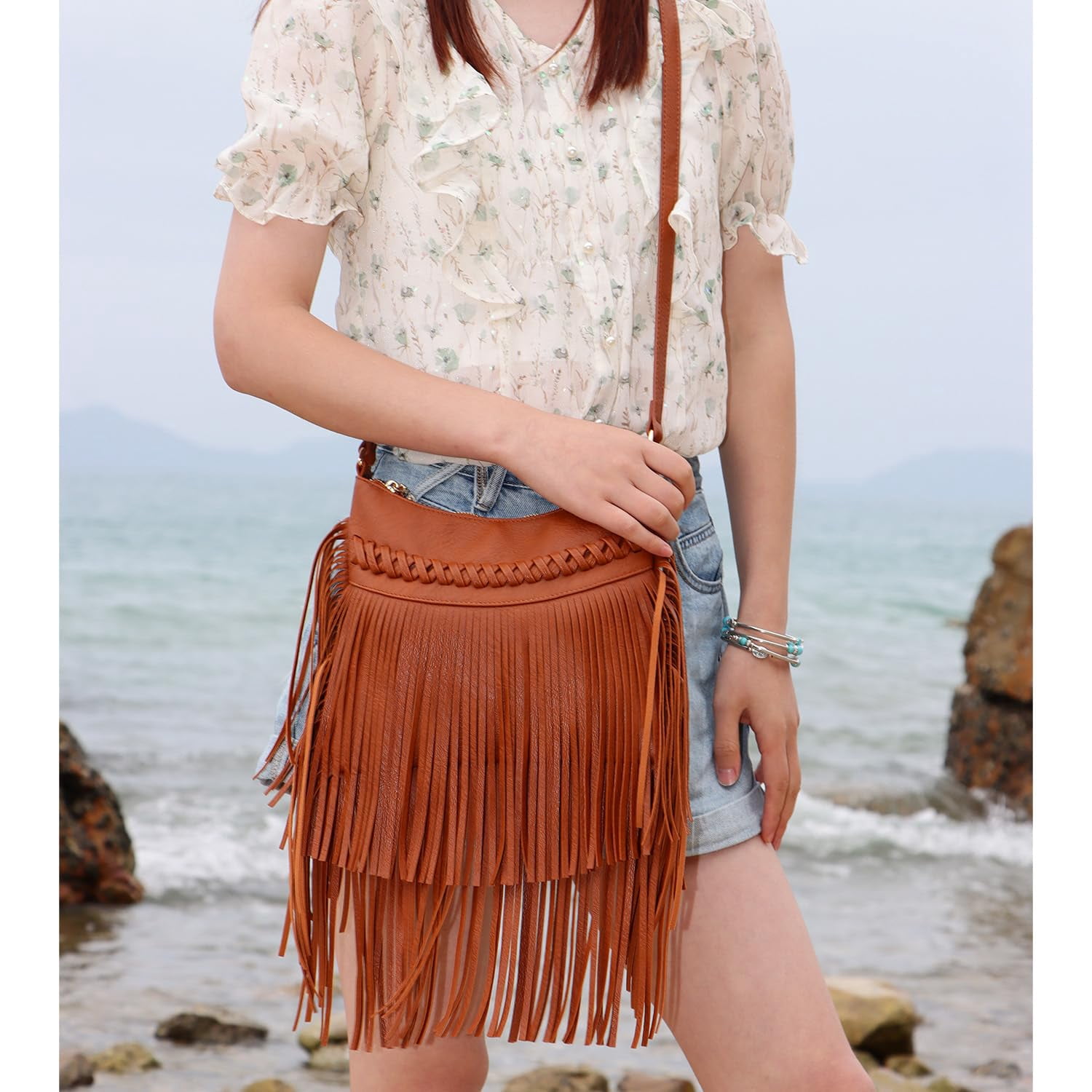 Leather Fringe Purse for Women Trendy Western Tassel Crossbody Bag Vintage Hobo Black Shoulder Messenger Bag