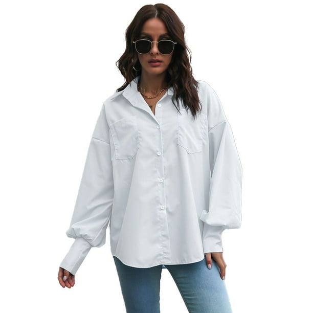 Womens Button Down Shirts Long/Short Sleeve Office Blouses Business Casual  Tops Loose shirt - White 