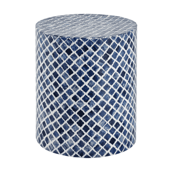 Bone Inlay End Table – Gradient Blue Quatrefoil Pattern on White Cylindrical Base
