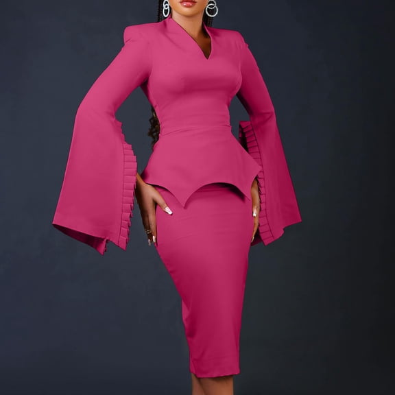 AUNVITO Women's Solid Color Bodycon Dress Long Sleeve Turn-Down Collar Professional and Chic