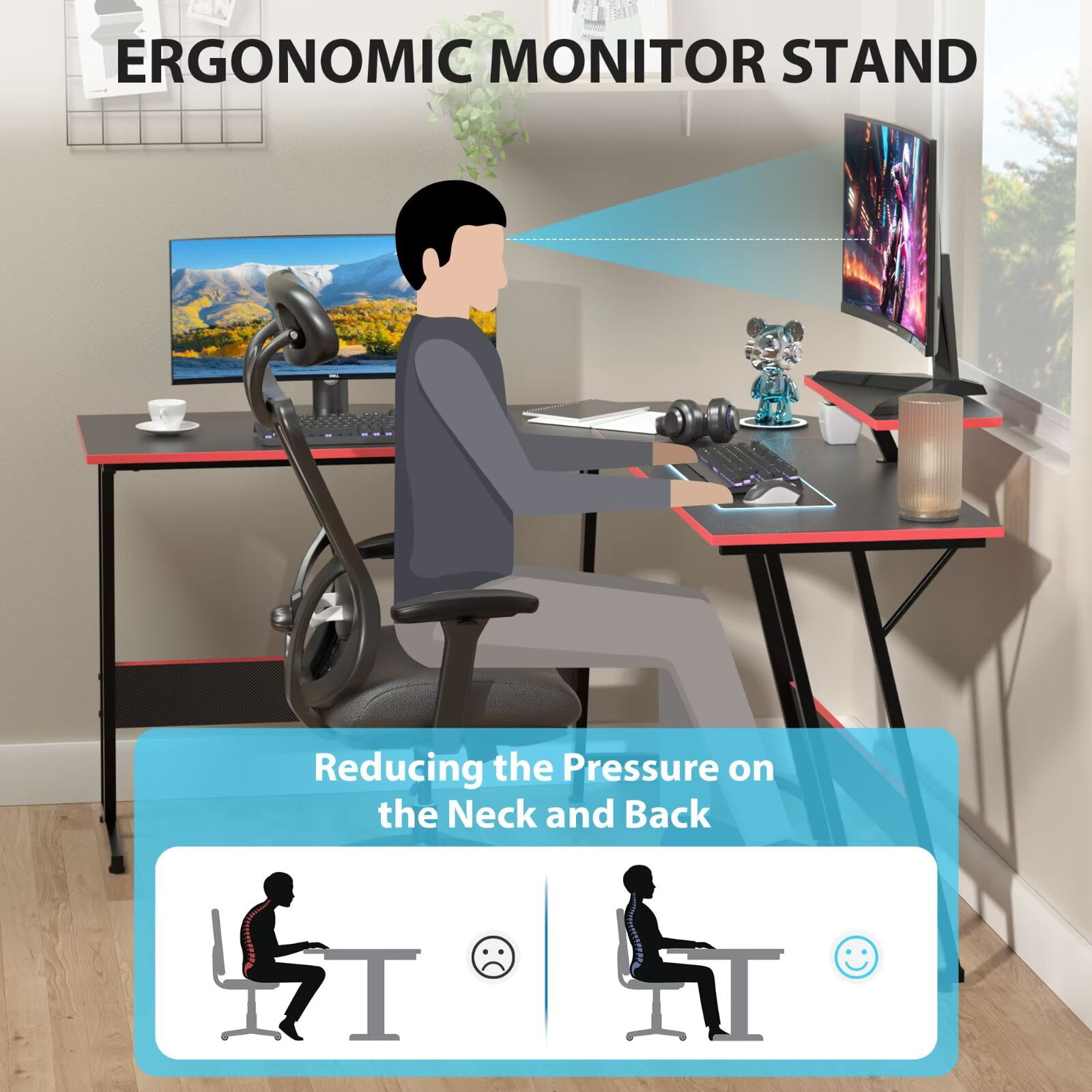 YRLLENSDAN 50 Inch L shaped Corner Gaming Desk, Adjustable Computer Desk with Large Desktop, Home Office Desk with Monitor Stand, for Home and Work Place, Black