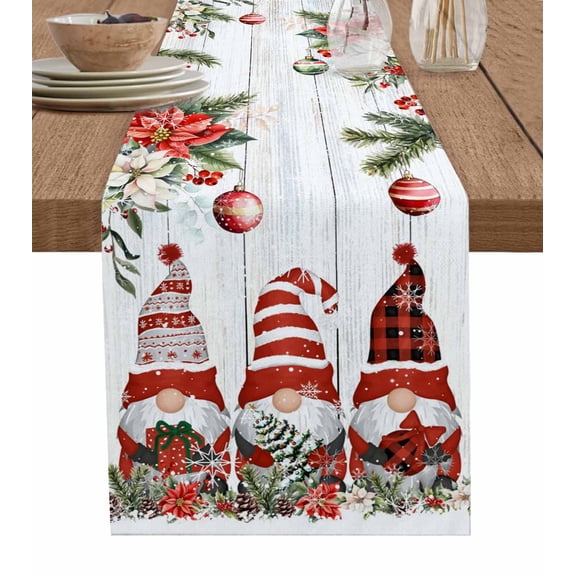 Grey Wood Christmas Table Runner 60 Inches, Gnomes Xmas Tree Poinsettia Eucalyptus Bed Runner Dresser Scarves Tabletop for Indoor Outdoor Parties/Ceremony/Banquet, 13" x 60"