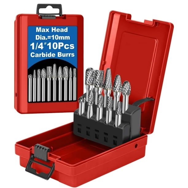 Juego de fresas de carburo Sworker, 10 unidades, con caja roja, vástago de 10 mm