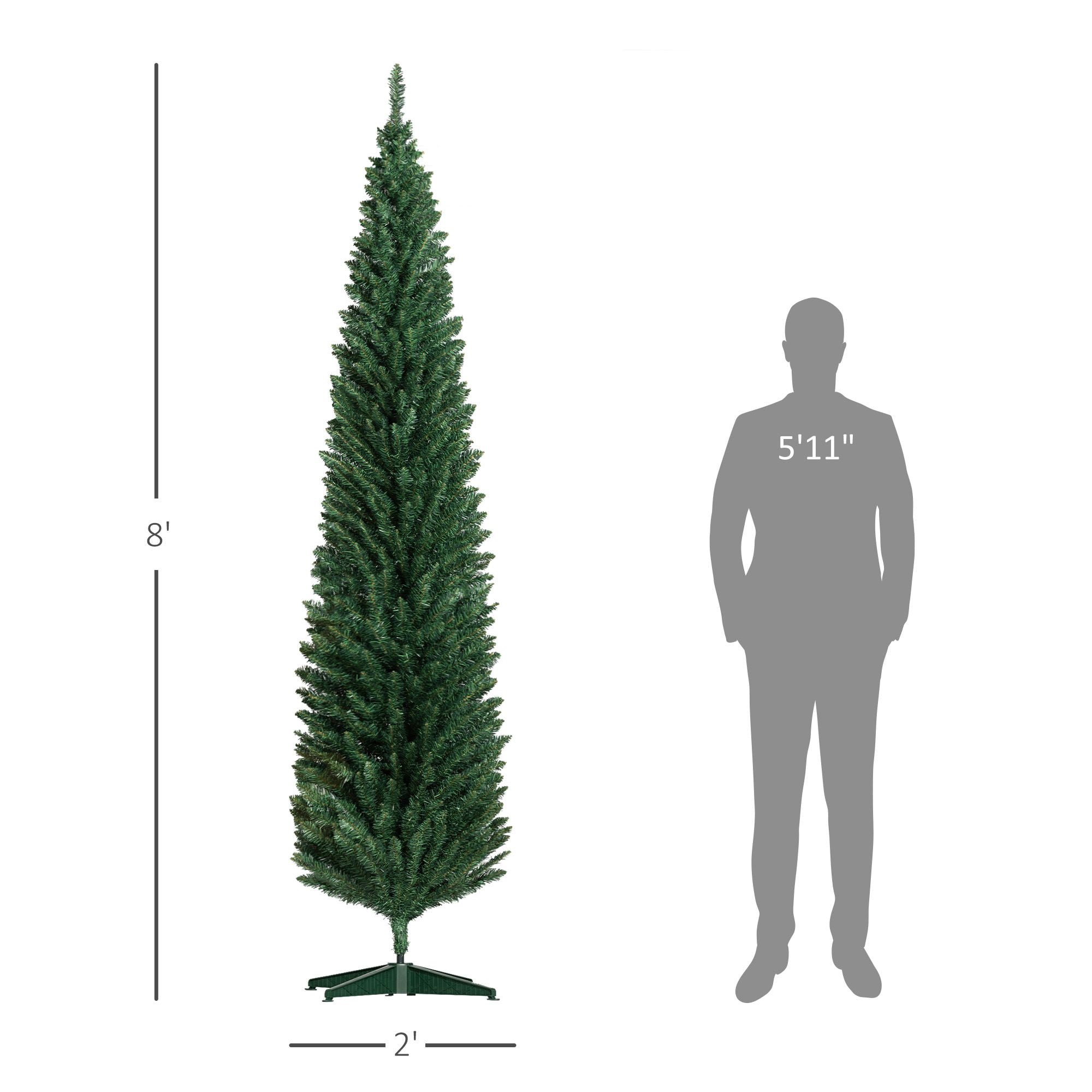Unlit Pencil Artificial Christmas Tree, 8 ft Slim Tree with 618 Tips and Plastic Base, Space-Saving Holiday Decor for Small Rooms and Apartments