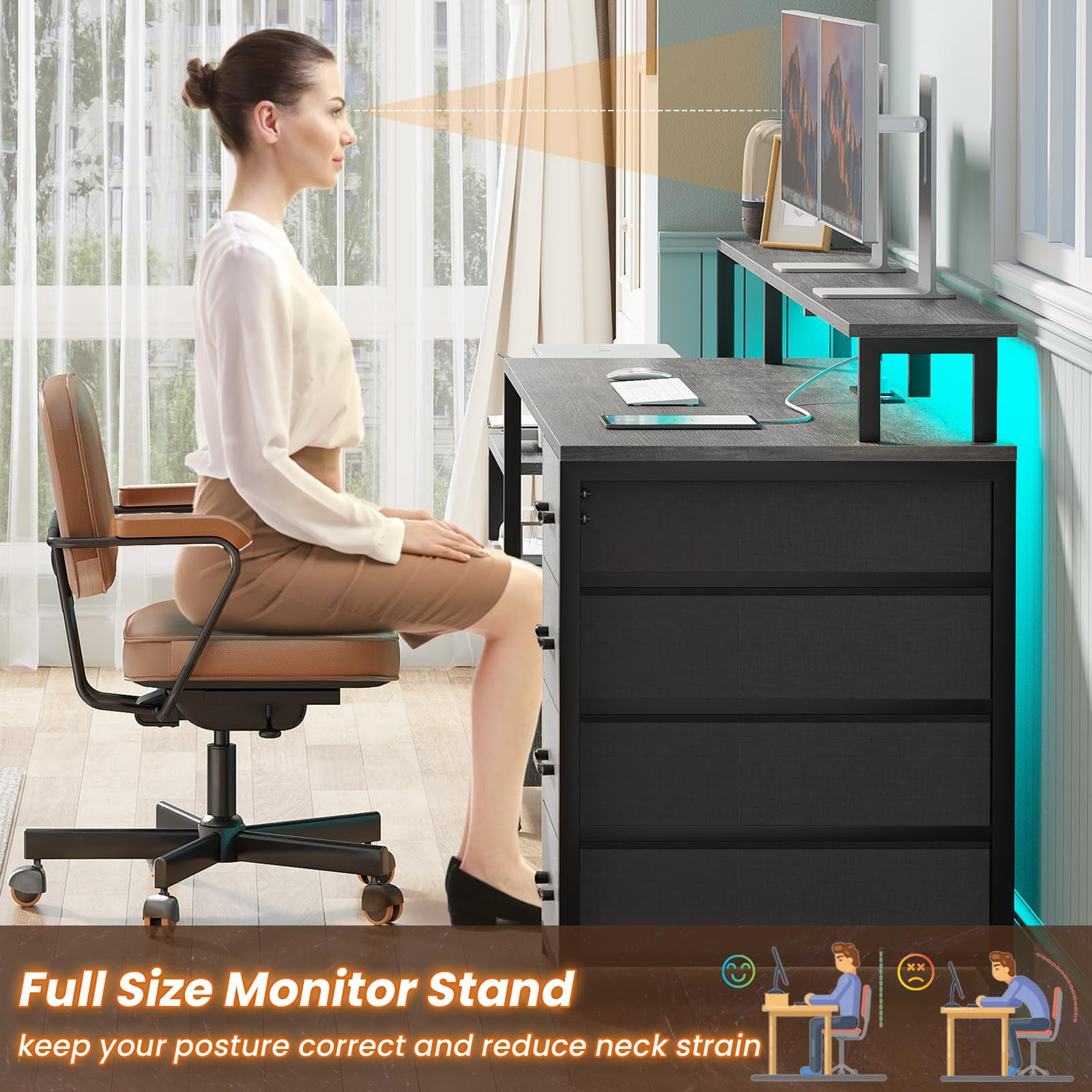 SEDETA Home Office Desk with LED Lights & Power Outlet, 66" Computer Desk with 5 Drawer and Storage Shelves, Gaming Desk with Printer Cabinet and Monitor Stand, Grey