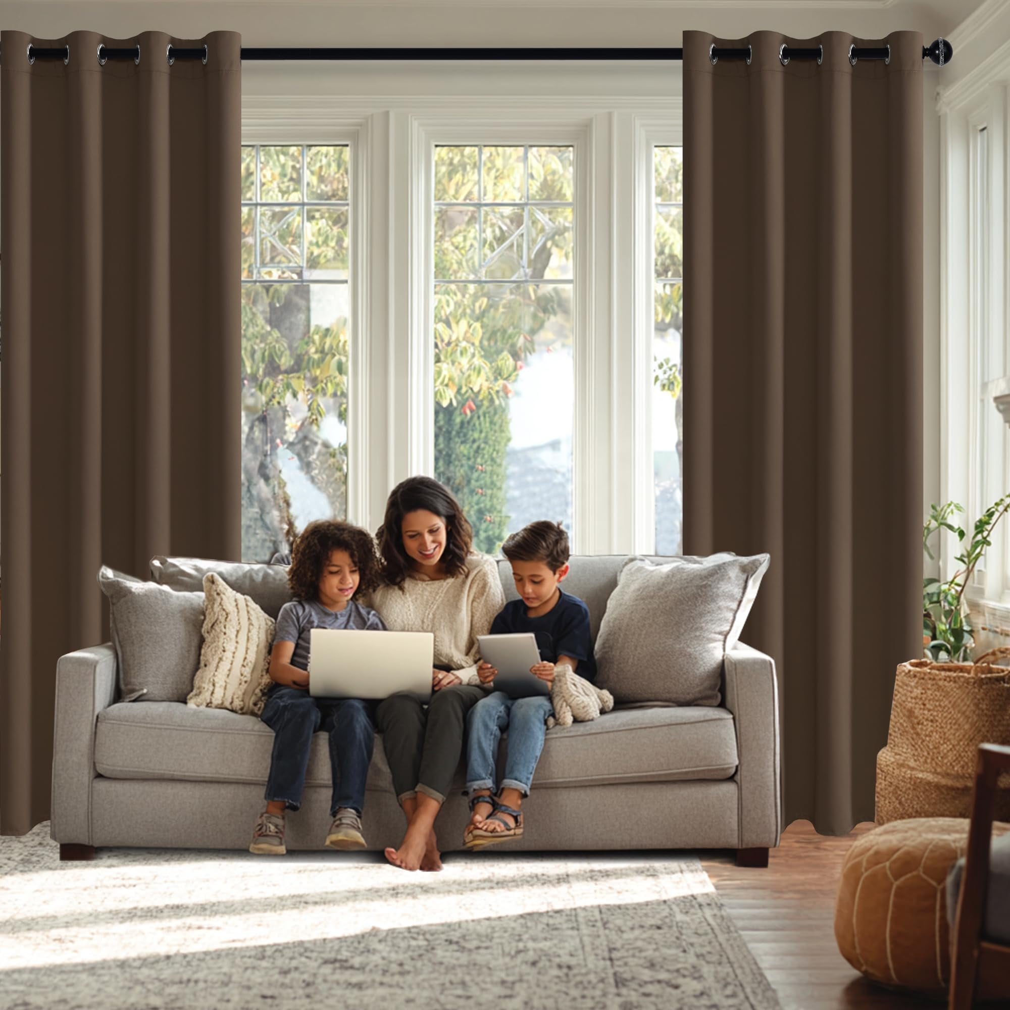 JIUZHEN Brown Grommet Blackout Curtains for Bedroom, Thermal Insulated & Light Blocking Window Curtains for Living Room, 2 Panels with Tiebacks, 42 x 54 Inch Length