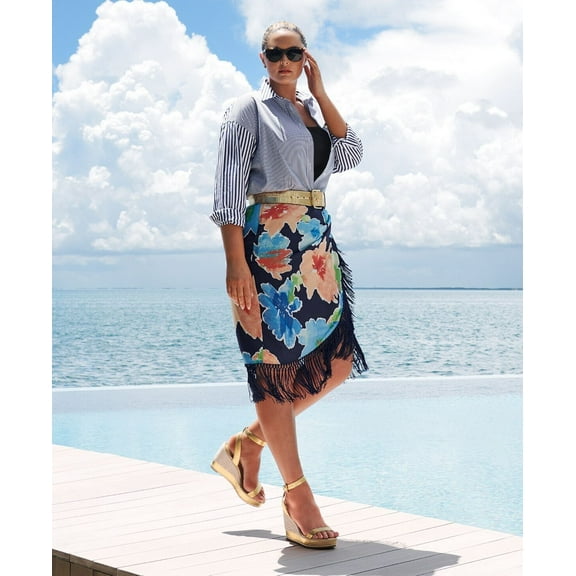 Lauren Ralph Lauren Plus Size Faux-Wrap Tropical Skirt Navy Multi 18W B4HP