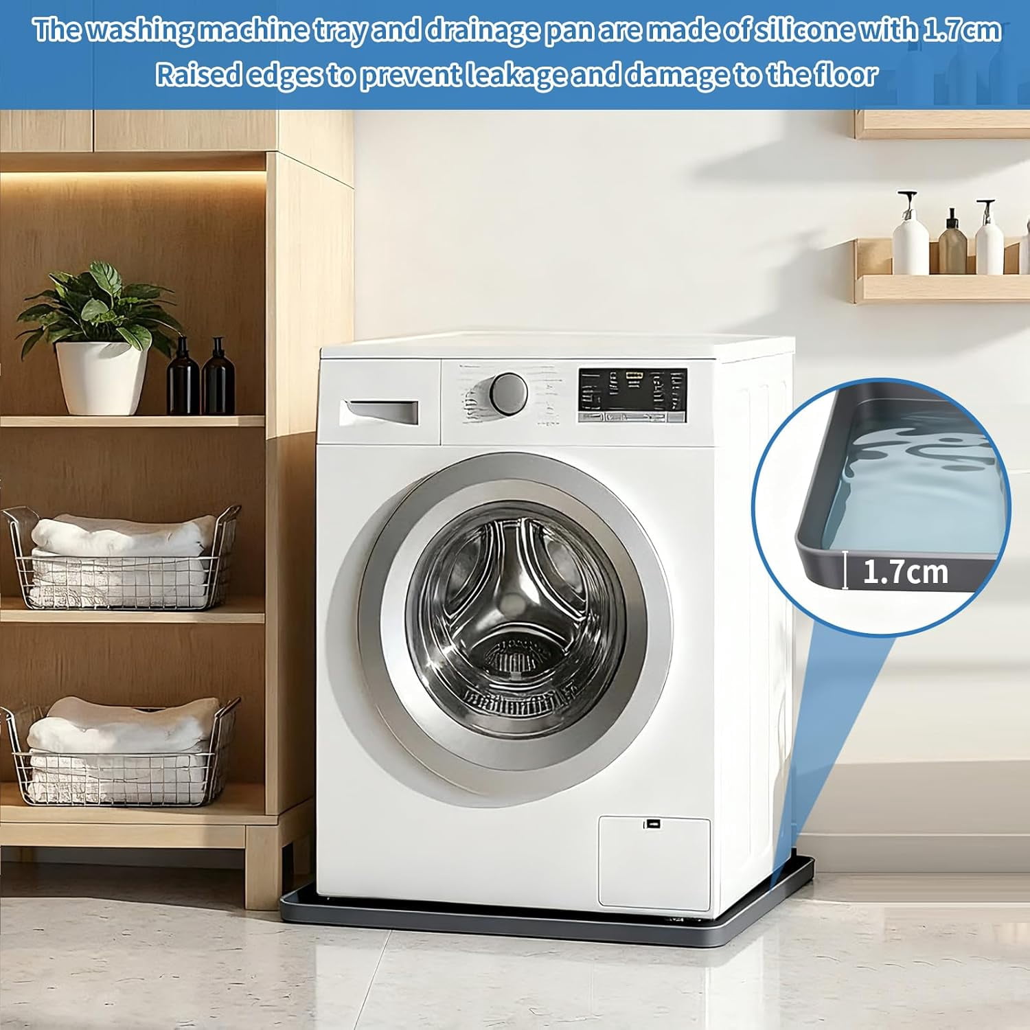 Washing Machine Drain Pan Silicone mat 27"x27" with 0.79" Raised Edges, Leak-Proof Silicone Mat, Non-Slip Waterproof Floor Protector for Washer Dryer (Grey)