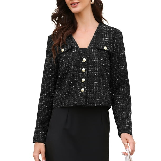 Blazers de Tweed para Mujeres, Manga Larga, Botón, Sin Cuello, Elegante, Casual de Negocios, Chaqueta Cortada, L Negro