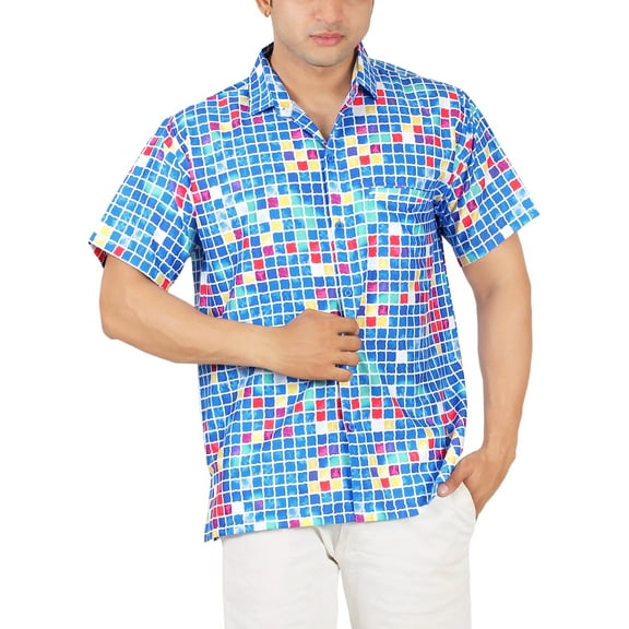HAPPY BAY Men's Hawaiian Shirts Short Sleeve Button Down Shirt Men's Party Shirts Casual Holiday Summer Tropical Island Shirts for Men Funny L Checks, Blue