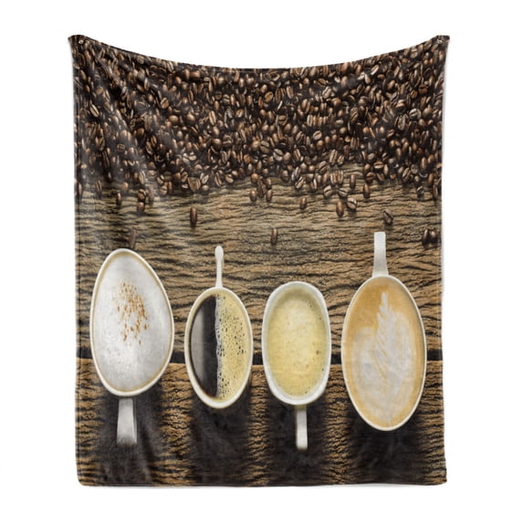 Coffee Soft Flannel Fleece Throw Blanket, Assortment of Coffee Cups with Beans on Wooden Table Americano Cappuccino Mug, Cozy Plush for Indoor and Outdoor Use, 50" x 70", Brown White, by Ambesonne