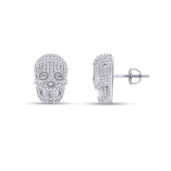 AFFY Men's 1/3 CT White Natural Diamond Skull Stud Earrings 14k White Gold Over Sterling Silver (I-J Color, I2-I3 Clarity, 0.33 Cttw)