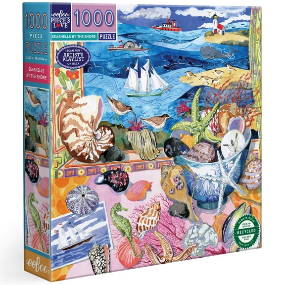 eeBoo Piece & Love: Seashells by the Shore - 1000 Piece Puzzle - Square Adult Jigsaw, Hazel Jarvis Coastal Still Life & Seascape Scene, Eco-Friendly