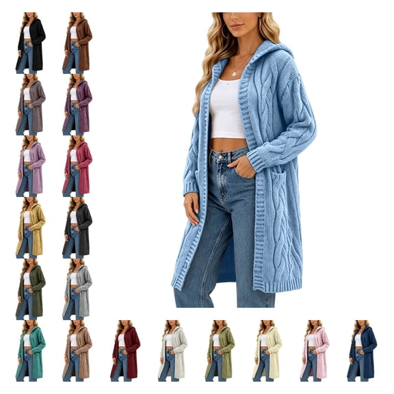 Meichang Long Cable Knit Cardigan Sweater for Women with Hood Long Sleeve Open Front Cardigan with Pockets