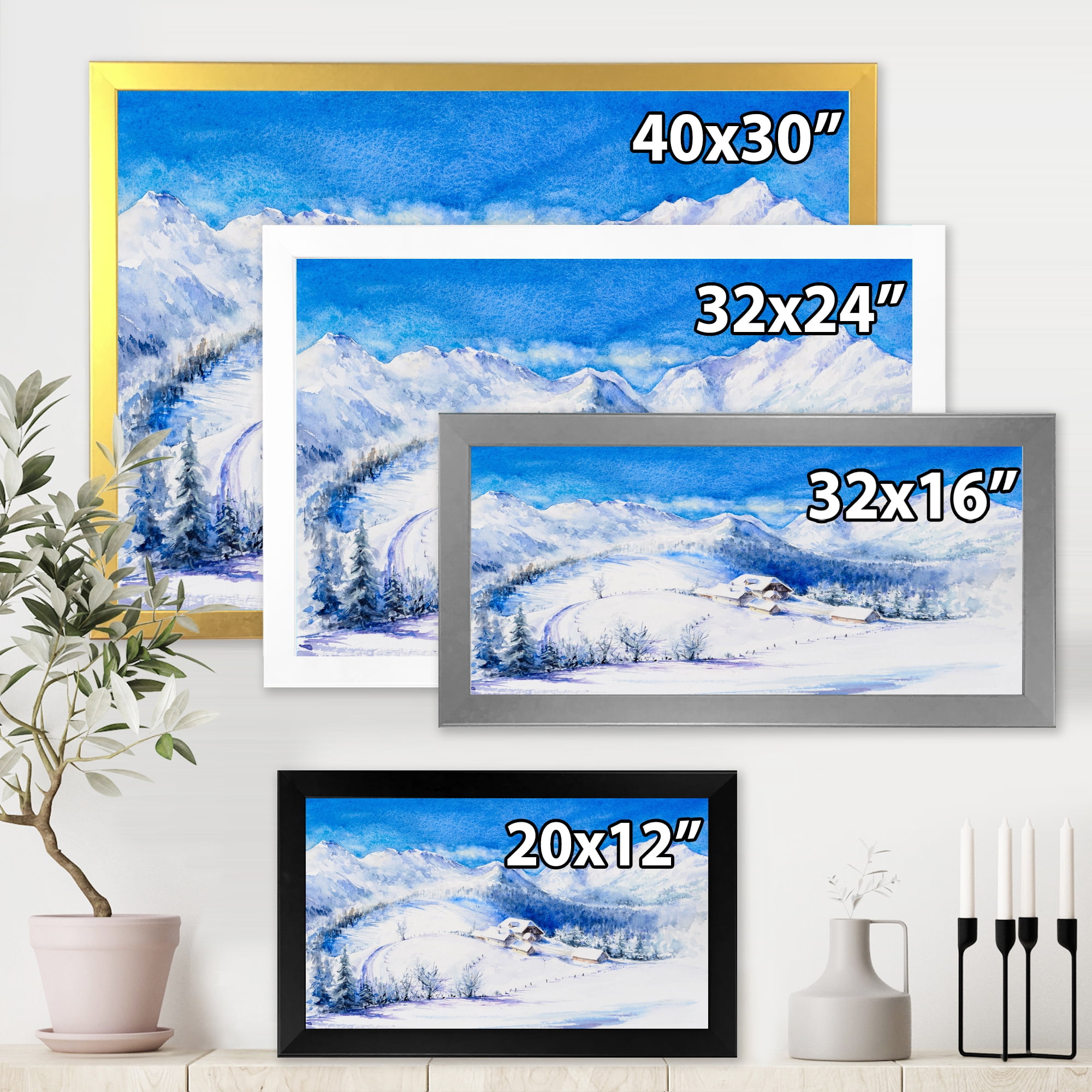 Designart 'Wooden House With Winter Mountain Landscape' Traditional Framed Art Print